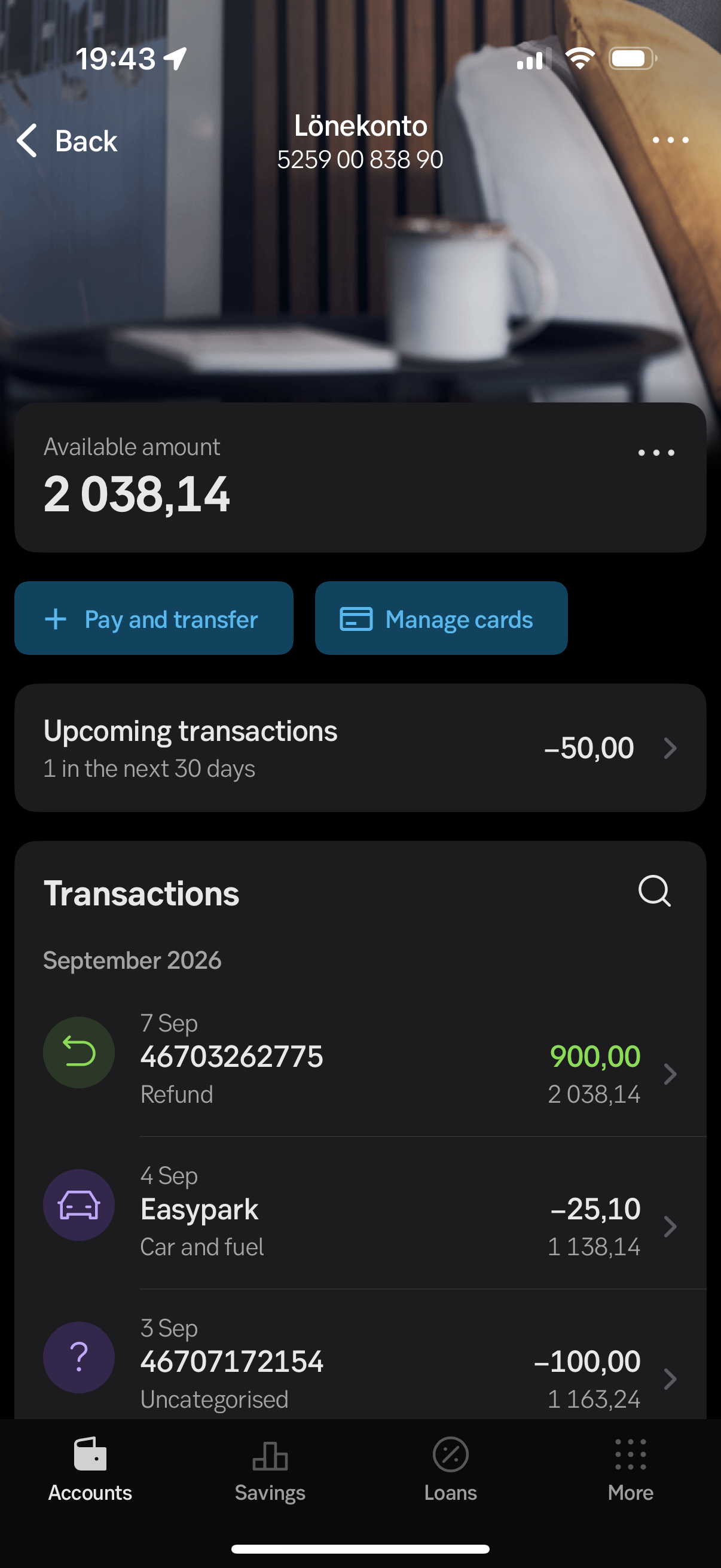 SEB account screen showing available balance, quick actions and a transaction list.